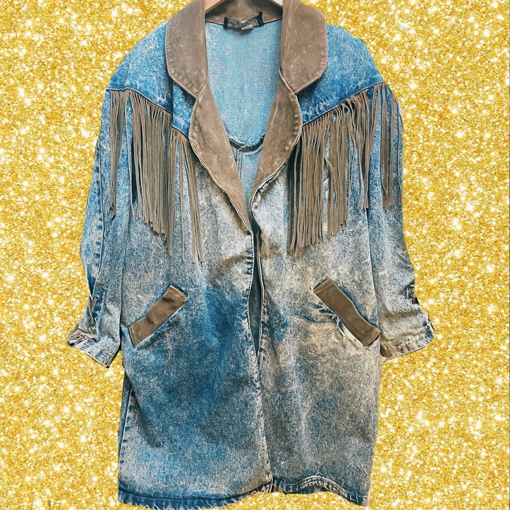 Western suede fringe denim coat jacket